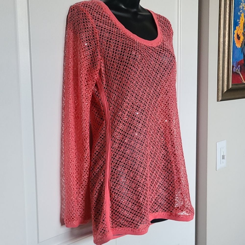 BOSTON PROPER Pink Orange Sequin Open Weave